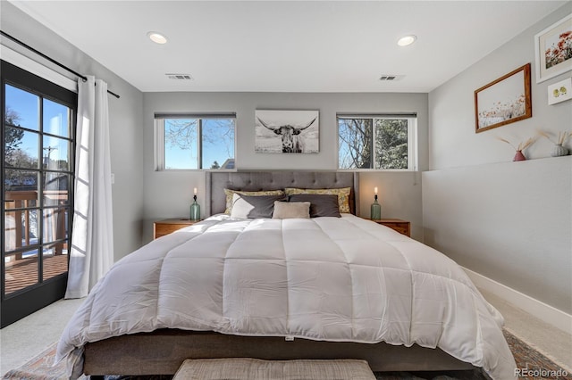 4790 E Dartmouth Ave, Denver, CO 80222 - carpeted bedroom featuring multiple windows, access to outside, recessed lighting, and baseboards