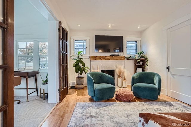 living area featuring light hardwood / wood-style flooring and a high end fireplace