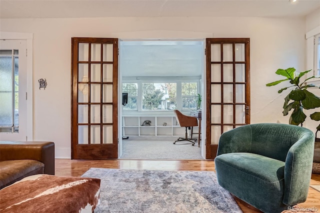 living area with light hardwood / wood-style flooring, french doors, and plenty of natural light