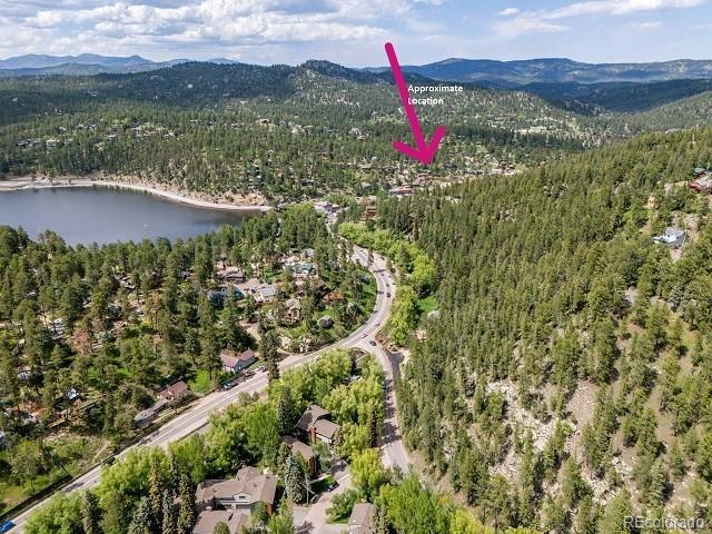 28127 Knowles Rd Unit A, B, & C, Evergreen, CO 80439 - aerial view of property and surrounding area featuring a heavily wooded area and a water and mountain view
