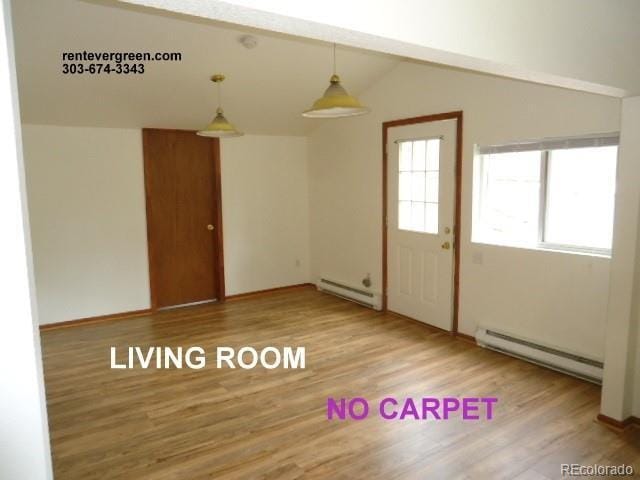 28127 Knowles Rd Unit A, B, & C, Evergreen, CO 80439 - empty room featuring baseboard heating, lofted ceiling, and wood finished floors