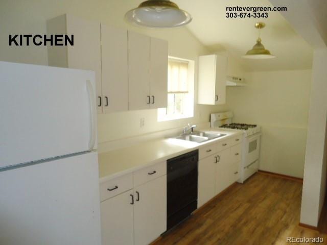 28127 Knowles Rd Unit A, B, & C, Evergreen, CO 80439 - kitchen with white appliances, ventilation hood, wood finished floors, white cabinets, and lofted ceiling