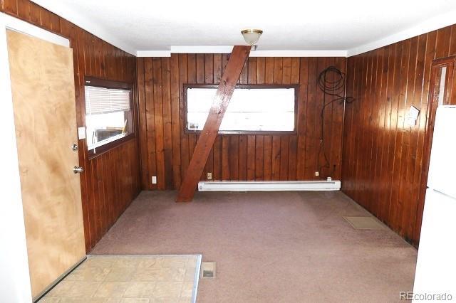 28127 Knowles Rd Unit A, B, & C, Evergreen, CO 80439 - spare room with baseboard heating, wood walls, and light carpet