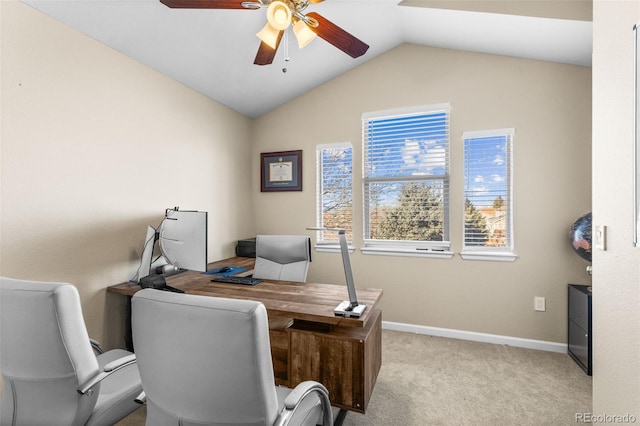 office area featuring light carpet, ceiling fan, and lofted ceiling