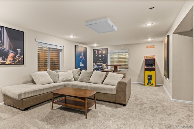 living room featuring light carpet