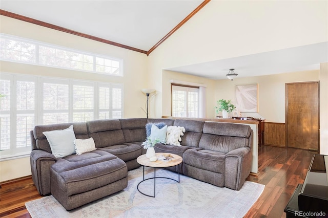 9867 W Berry Dr, Littleton, CO 80123 - living room featuring crown molding, dark wood-style floors, and high vaulted ceiling