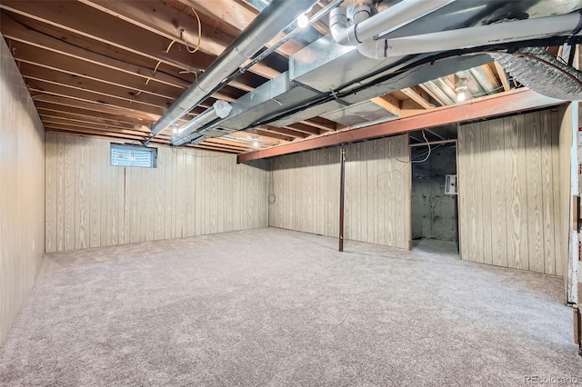 basement featuring carpet flooring and wood walls