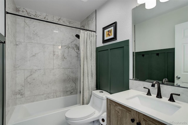 full bath with vanity, toilet, and shower / tub combo with curtain