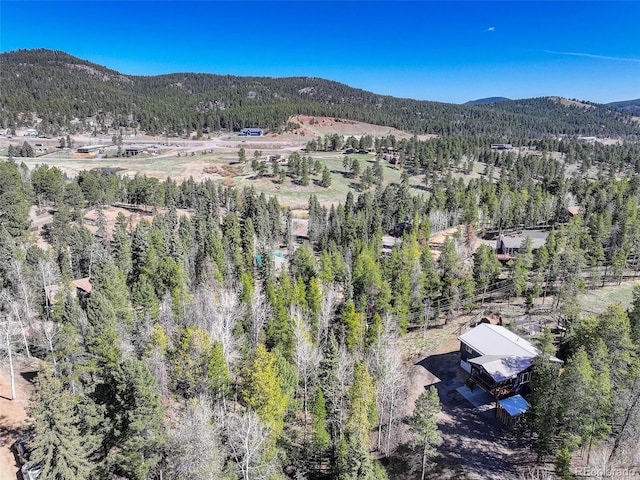 drone / aerial view featuring a mountain view and a forest view