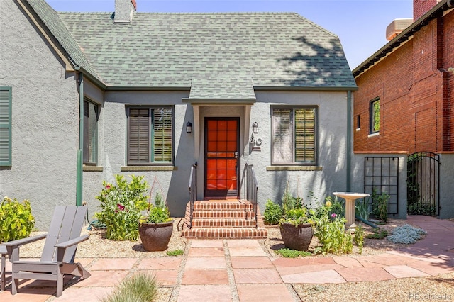 810 Milwaukee St, Denver, CO 80206 - entrance to property featuring roof with shingles, stucco siding, and a chimney