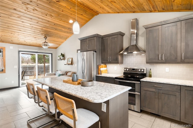 kitchen with tasteful backsplash, stainless steel appliances, wall chimney exhaust hood, and a breakfast bar