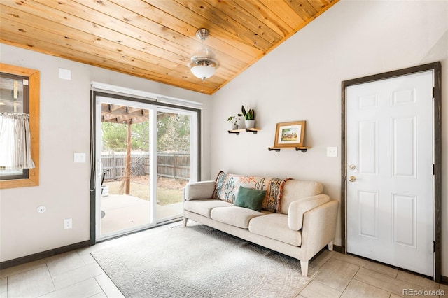 living area featuring light tile patterned floors, baseboards, wood ceiling, and lofted ceiling