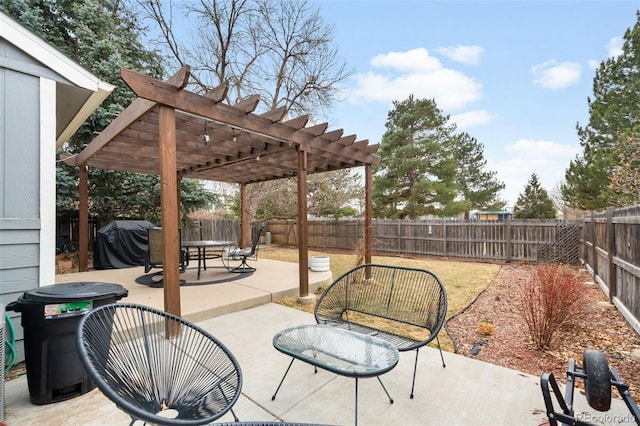 view of patio / terrace featuring area for grilling, a fenced backyard, and a pergola