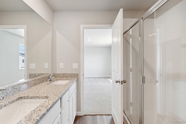 bathroom featuring a sink, double vanity, wood finished floors, and a shower stall