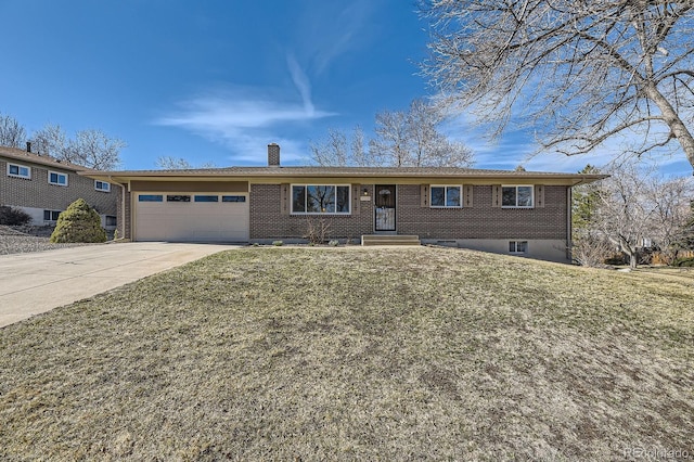 ranch-style house with driveway, brick siding, a chimney, and an attached garage