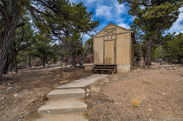 view of shed featuring entry steps