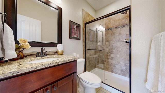 6945 N Fargo Trl, Littleton, CO 80125 - full bathroom featuring a stall shower, toilet, vanity, and tile patterned floors