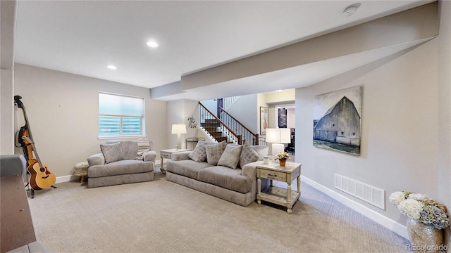 6945 N Fargo Trl, Littleton, CO 80125 - living room featuring carpet, baseboards, stairs, and recessed lighting