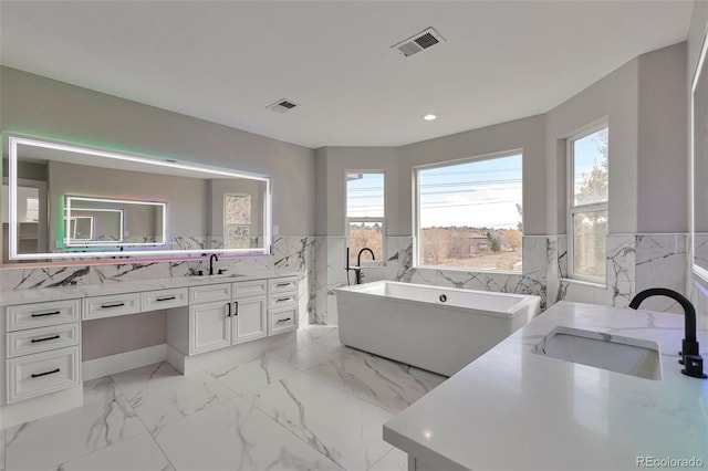 bathroom featuring vanity, decorative backsplash, a wealth of natural light, and a washtub