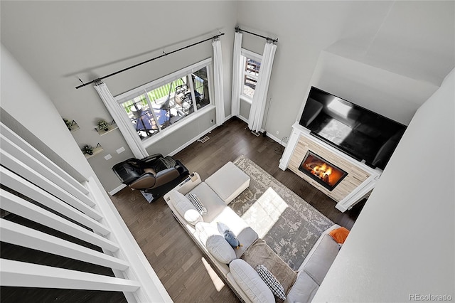 living room featuring dark wood-type flooring