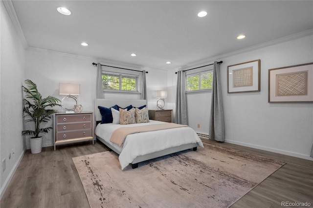 6243 S Elati St, Littleton, CO 80120 - bedroom featuring ornamental molding, multiple windows, wood finished floors, and recessed lighting
