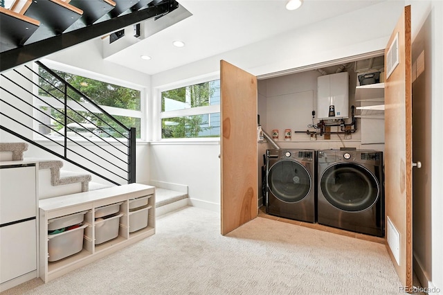 4129 Zenobia St, Denver, CO 80212 - laundry area featuring water heater, separate washer and dryer, carpet flooring, and recessed lighting
