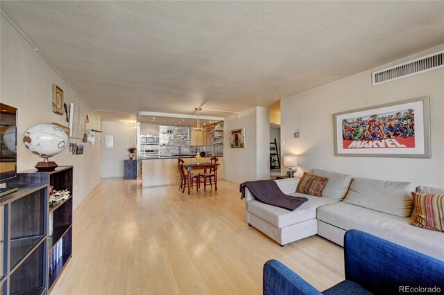 living room featuring wood-type flooring and a textured ceiling