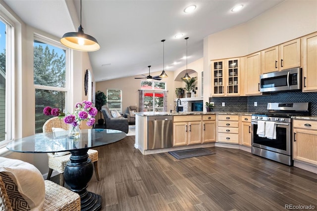 kitchen with hanging light fixtures, appliances with stainless steel finishes, and light brown cabinetry