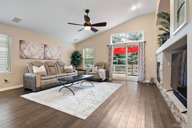 living room featuring high vaulted ceiling, dark hardwood / wood-style floors, and ceiling fan