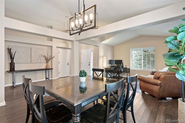 dining space with vaulted ceiling, dark wood-type flooring, and a notable chandelier