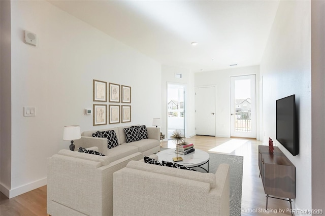 living room with light hardwood / wood-style floors and plenty of natural light