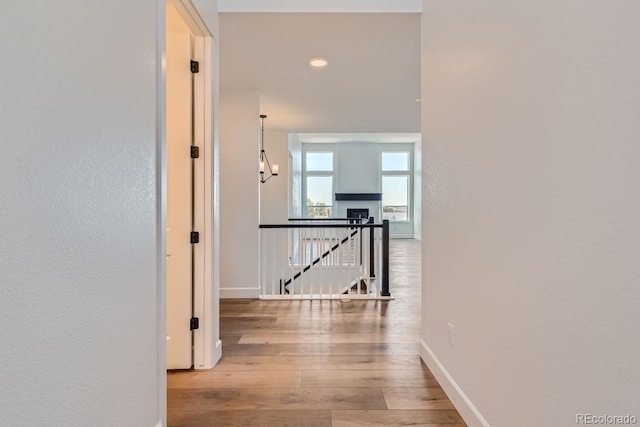 corridor with hardwood / wood-style floors and a chandelier