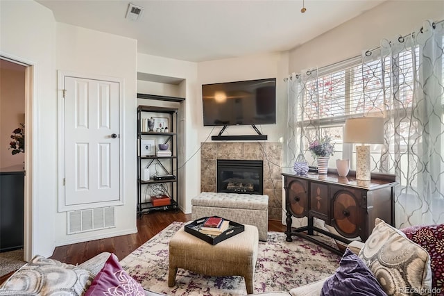 living room featuring a fireplace and dark wood-type flooring