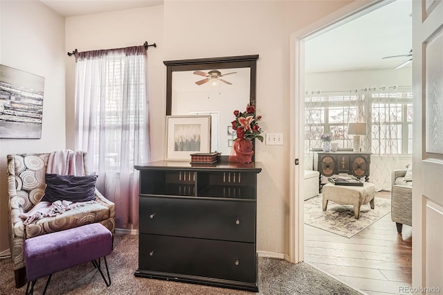 living area featuring hardwood / wood-style flooring, plenty of natural light, and ceiling fan