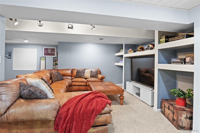carpeted living room with built in features