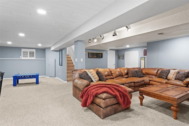carpeted living room featuring stairway, recessed lighting, and baseboards