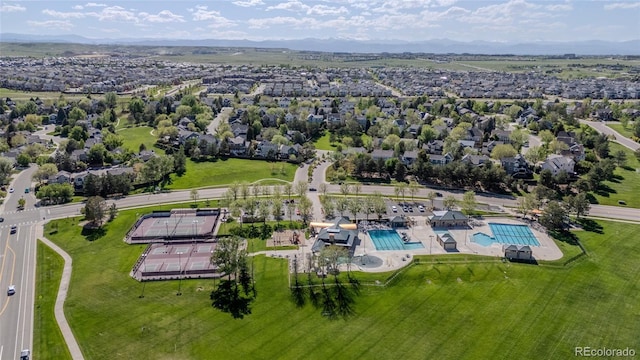 drone / aerial view of a pool