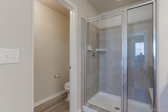 814 N Bently St, Watkins, CO 80137 - bathroom with toilet, a shower stall, baseboards, and wood finished floors