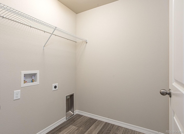 814 N Bently St, Watkins, CO 80137 - washroom featuring electric dryer hookup, hookup for a washing machine, dark wood finished floors, and baseboards