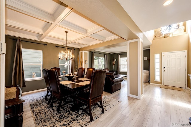 dining room featuring a chandelier, baseboards, light wood finished floors, beamed ceiling, and coffered ceiling