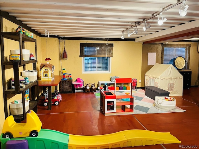recreation room with rail lighting