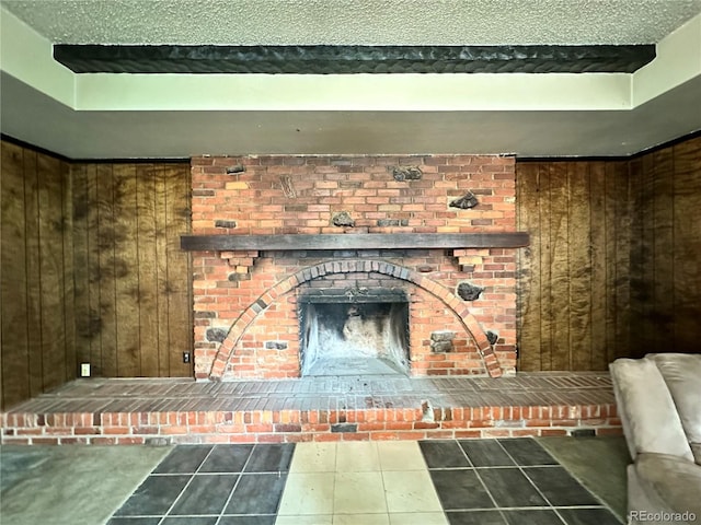 detailed view of wood walls and a brick fireplace