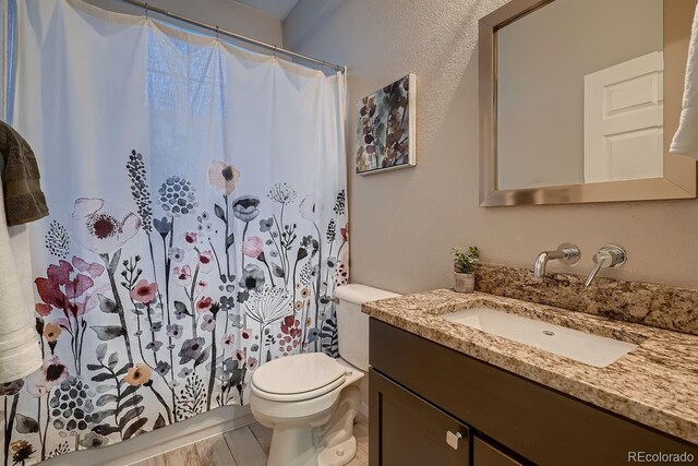 full bathroom featuring curtained shower, vanity, and toilet