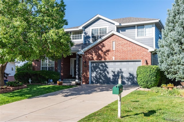 traditional home featuring driveway, brick siding, and a front lawn