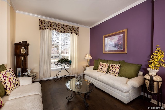 living area with crown molding and wood finished floors
