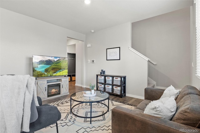 living room featuring a fireplace and hardwood / wood-style flooring