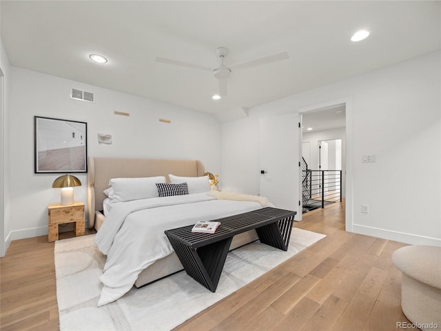 3715 Kalamath St, Denver, CO 80211 - bedroom featuring light wood-style floors, baseboards, recessed lighting, and ceiling fan