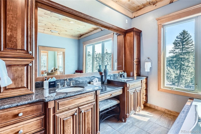 9659 S Turkey Creek Rd, Morrison, CO 80465 - bathroom featuring wooden ceiling, double vanity, baseboards, and tile patterned floors