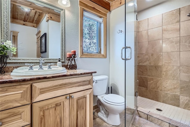 9659 S Turkey Creek Rd, Morrison, CO 80465 - bathroom with vanity, a stall shower, toilet, and tile patterned floors