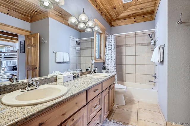 9659 S Turkey Creek Rd, Morrison, CO 80465 - full bath featuring wooden ceiling, tile patterned flooring, double vanity, toilet, and shower / bathtub combination with curtain